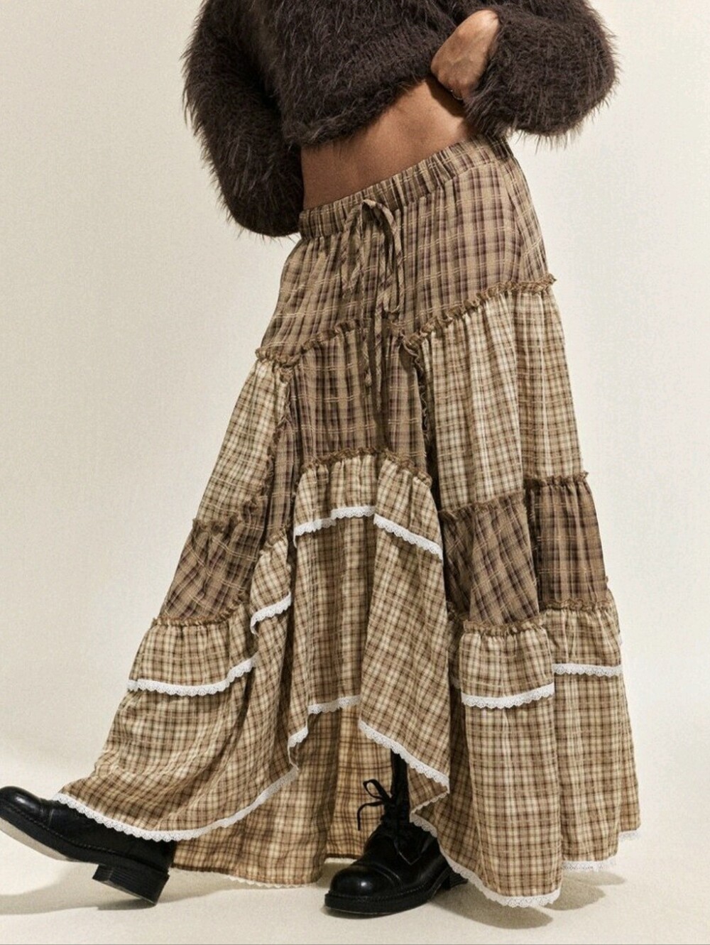 Bohemian Casual Asymmetrical Plaid Patchwork Voluminous Ruffle Hem Midi Skirt